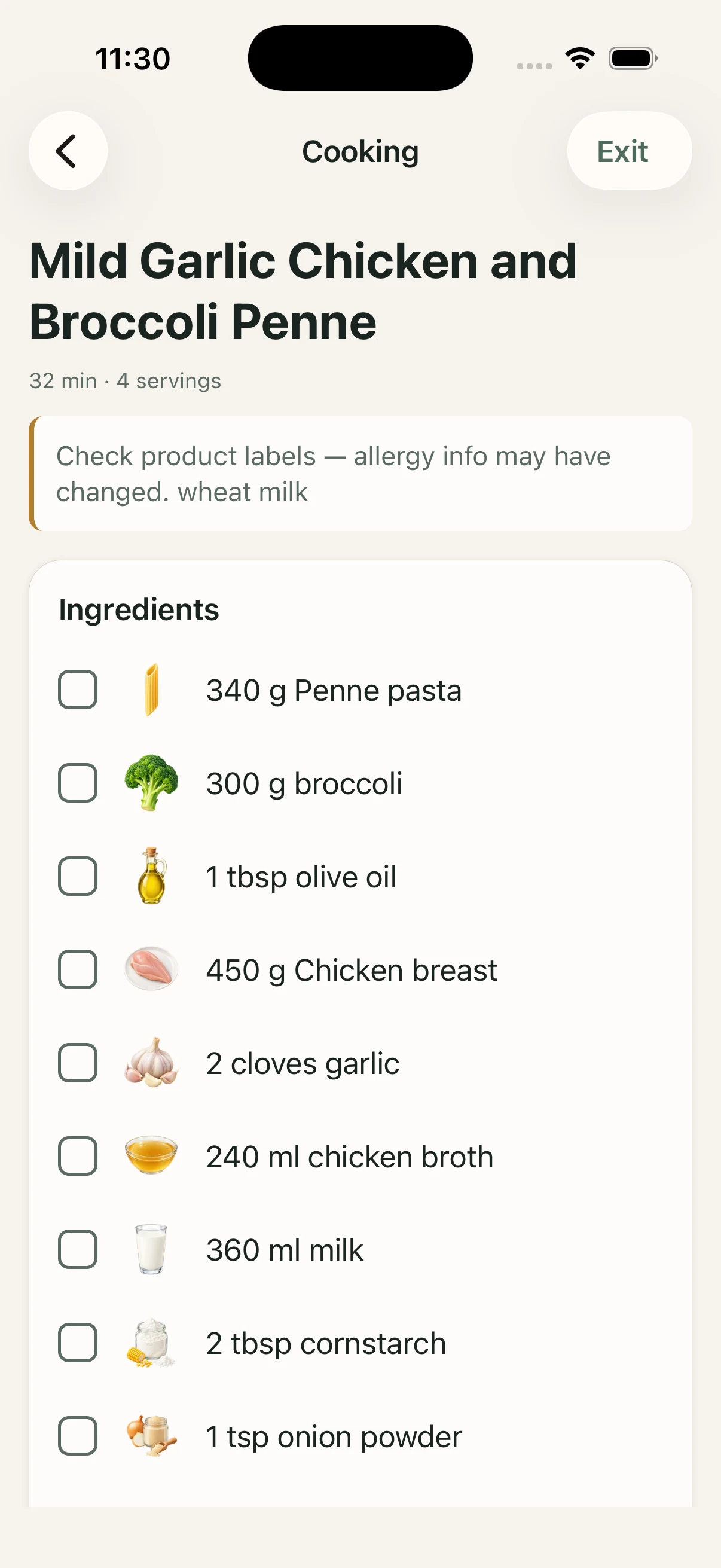 Guided Cooking prep checklist with ingredients ready to cook.