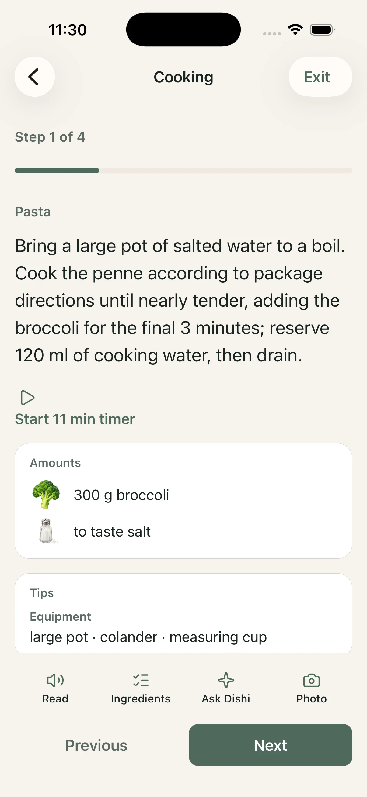 Guided Cooking screen showing a recipe step, timer, ingredient amounts, and Dishi help actions.