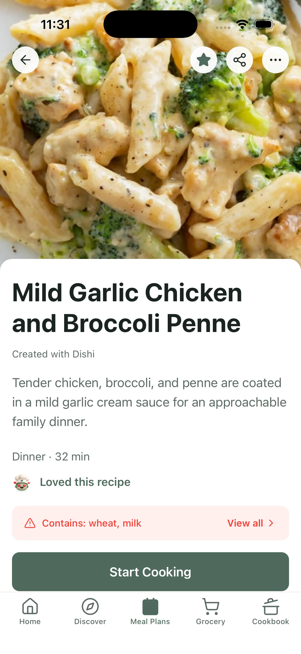 DishDelightful recipe detail screen with recipe image and Start Cooking action.