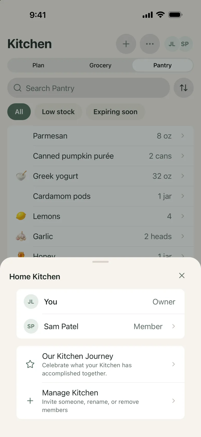 Home Kitchen sheet showing the owner and one member, with options to invite someone or manage the Kitchen.
