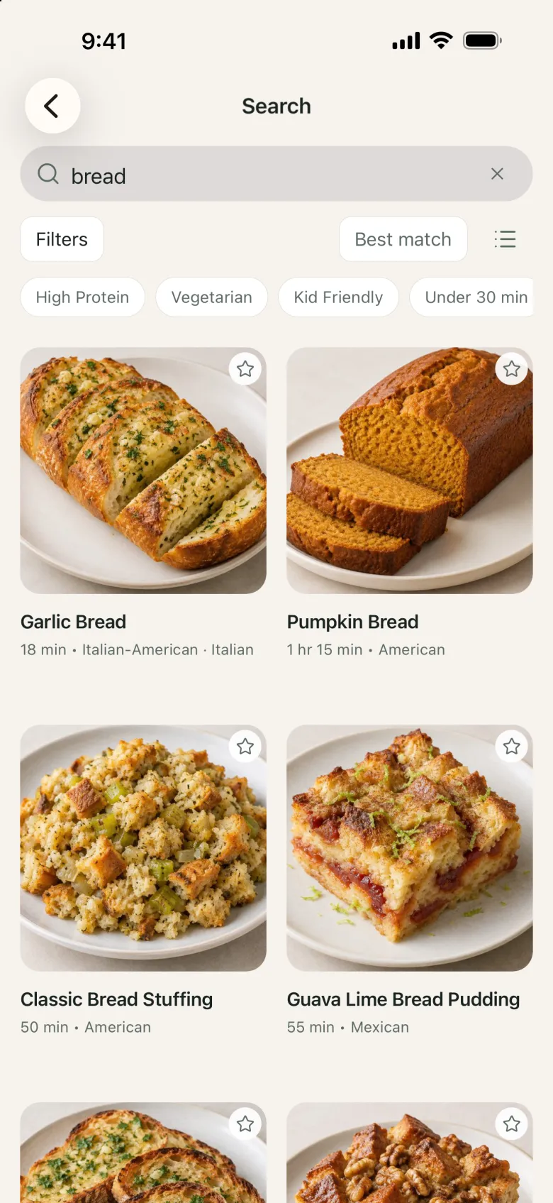 Recipe search results for bread, including garlic bread and pumpkin bread.