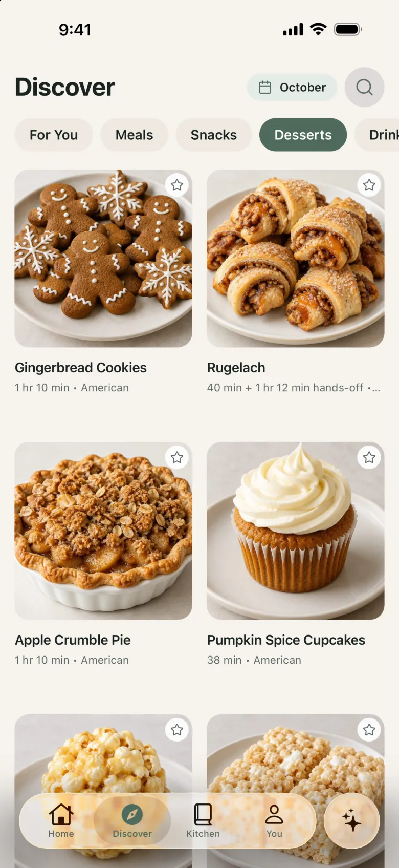 Discover Desserts tab with cookies, rugelach, apple crumble pie, and pumpkin spice cupcakes.