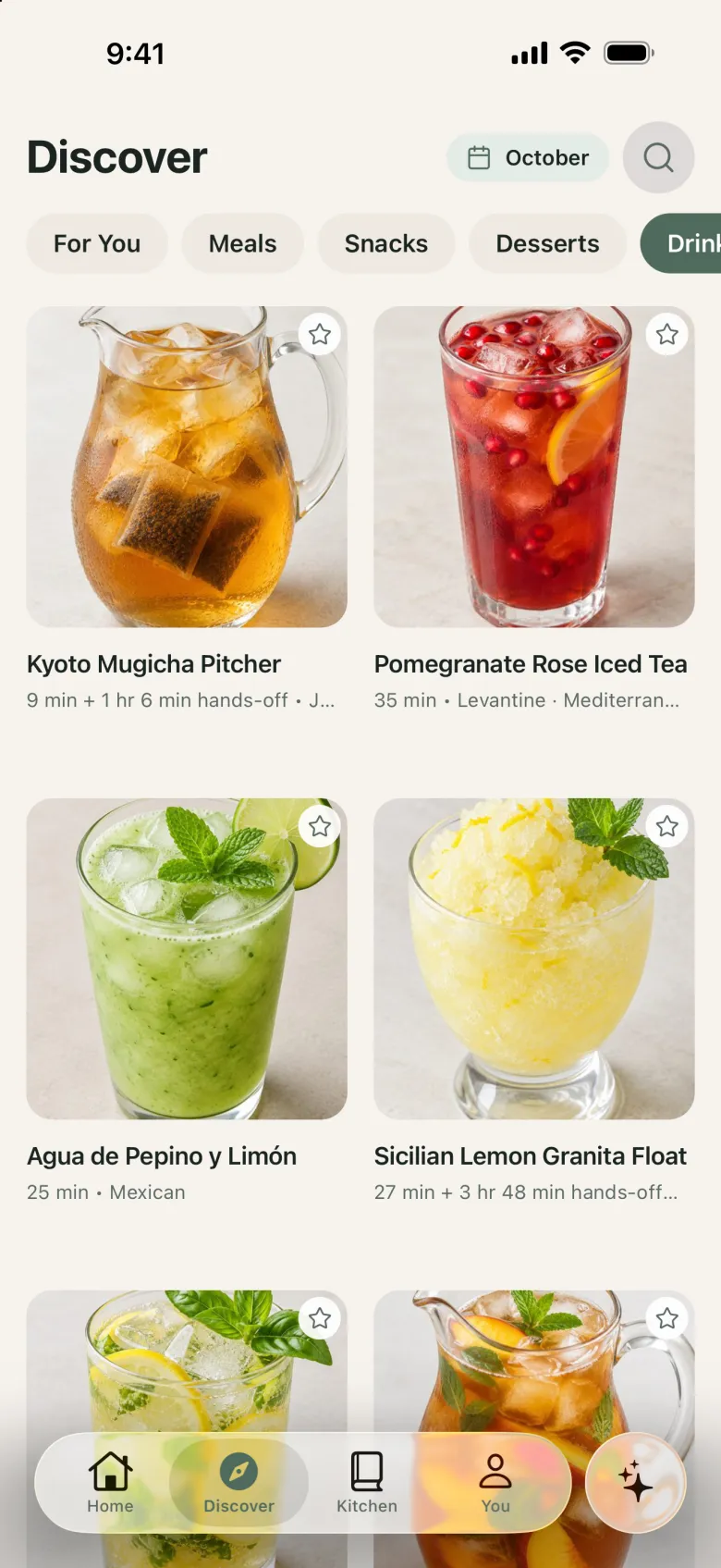 Discover Drinks tab with iced teas, agua fresca, and a granita.