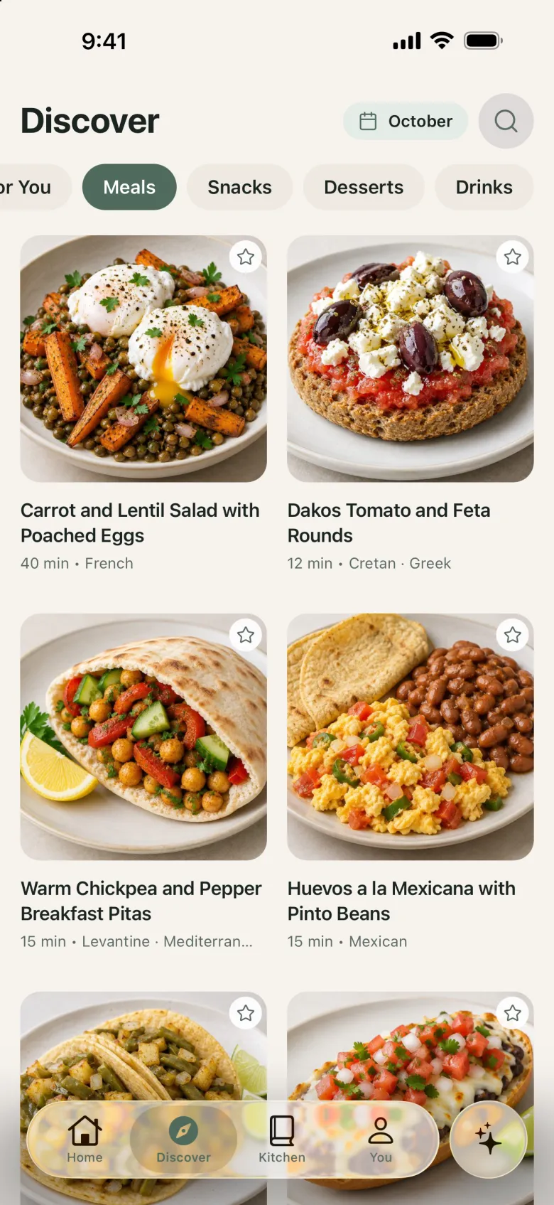 Discover Meals tab with a grid of main-dish recipes and their cooking times.
