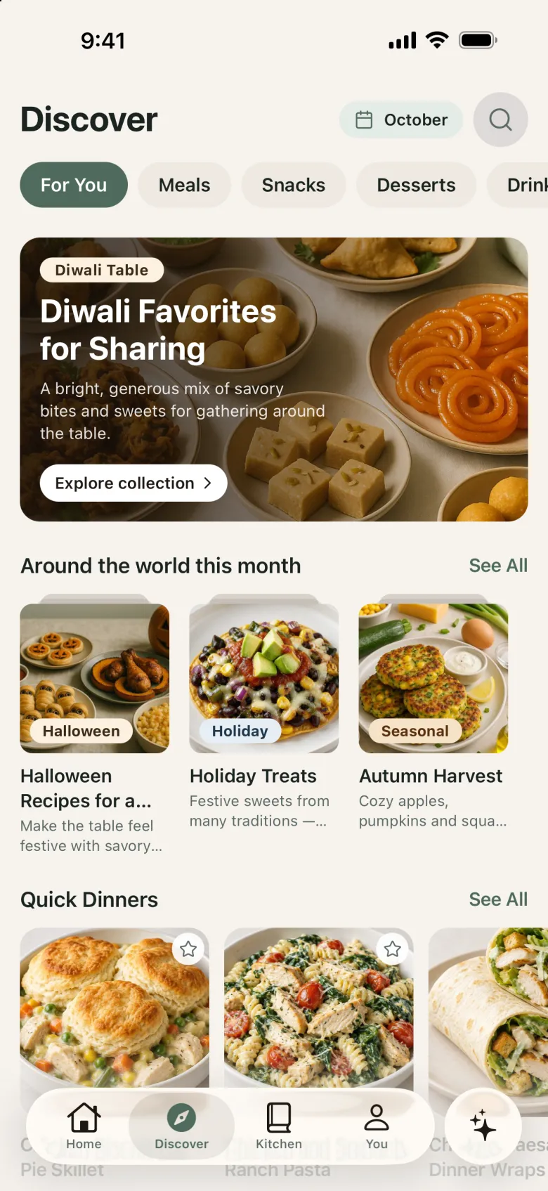 Discover tab with a featured recipe collection, seasonal collections, and quick dinner ideas.