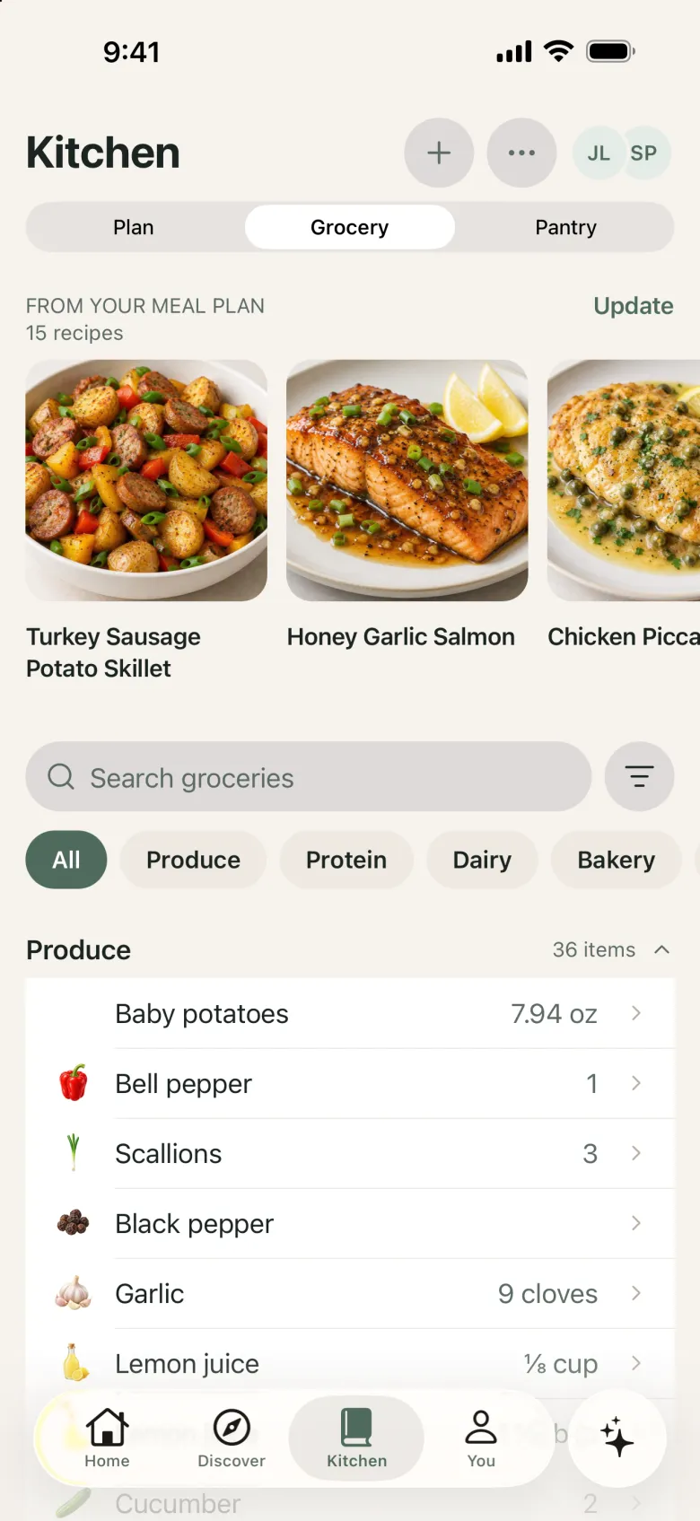 Kitchen Grocery tab showing recipes from the meal plan and a shopping list grouped by aisle.