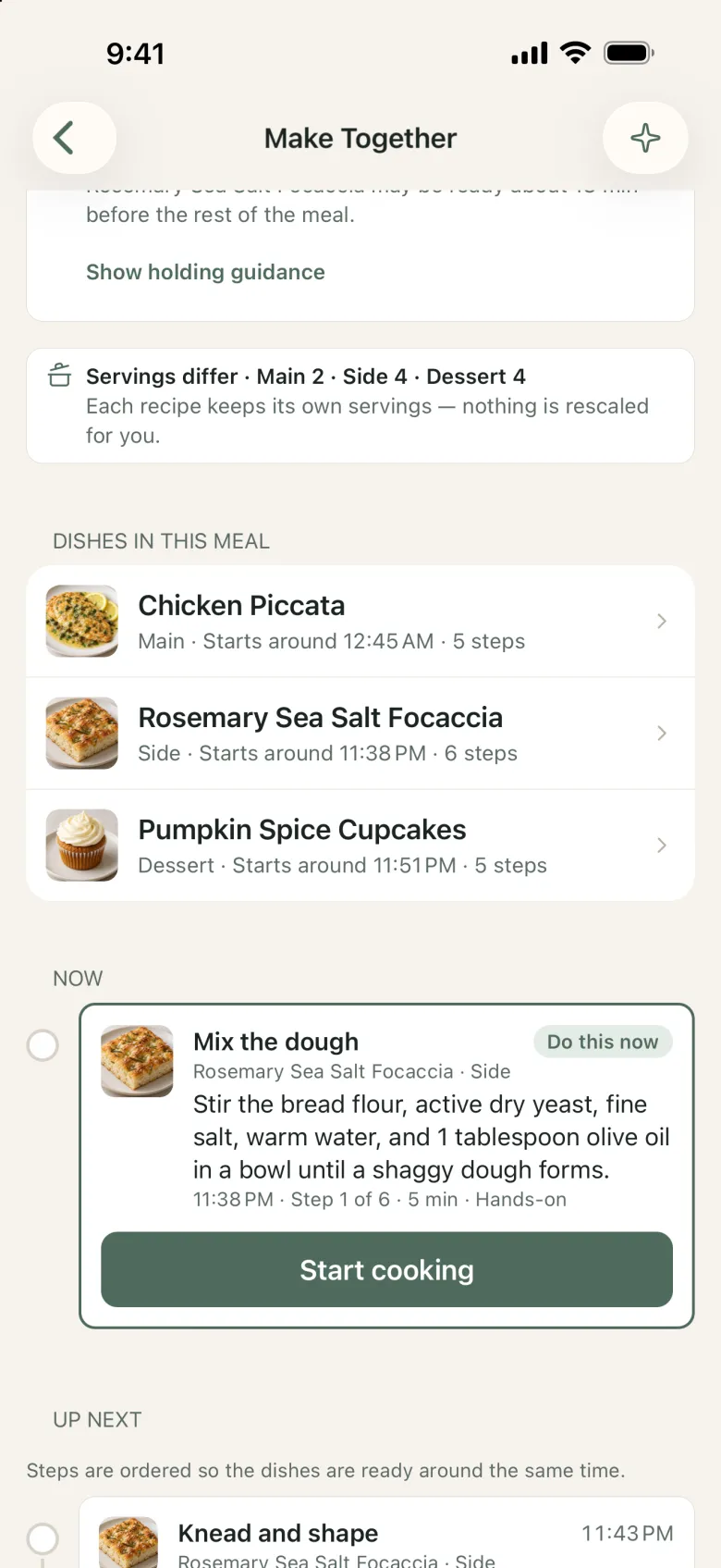 Make Together screen listing a main, side, and dessert, with the step to do now and a Start cooking button.