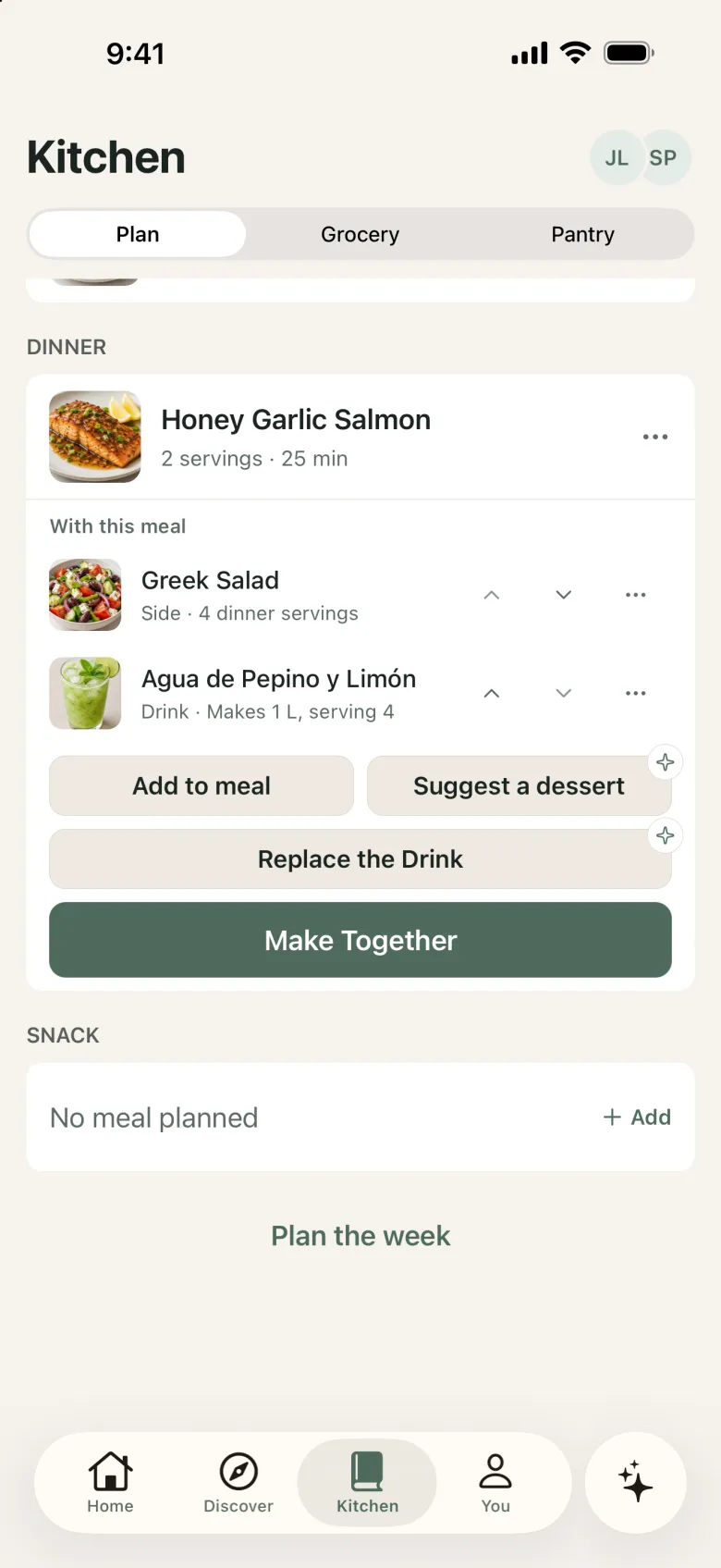 A planned dinner of Honey Garlic Salmon with a Greek salad side and an agua fresca drink, with a Make Together button.