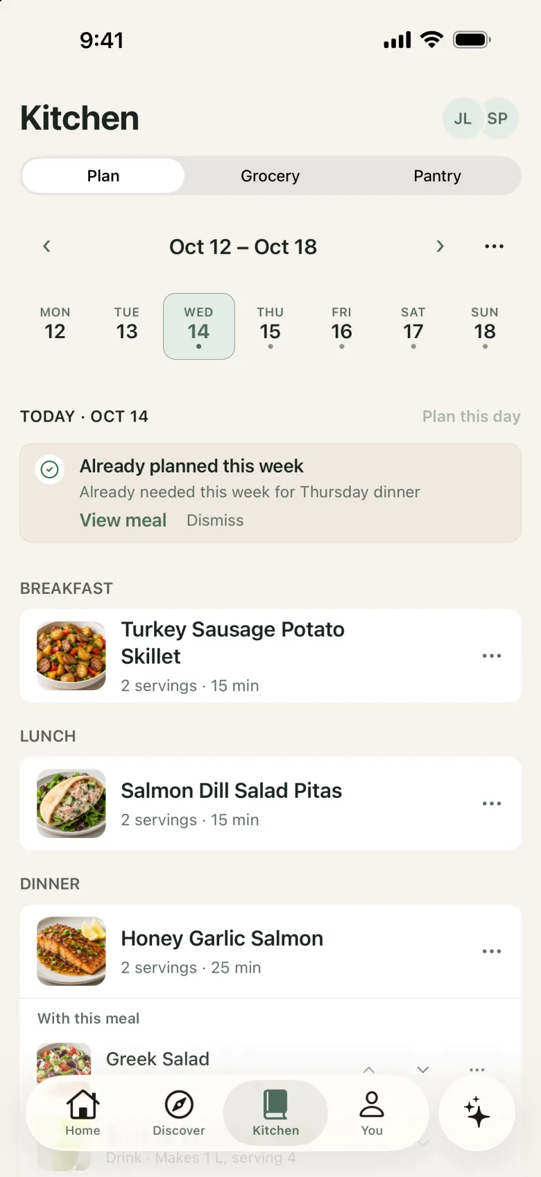 Kitchen Plan tab with a week strip and breakfast, lunch, and dinner planned for the day.