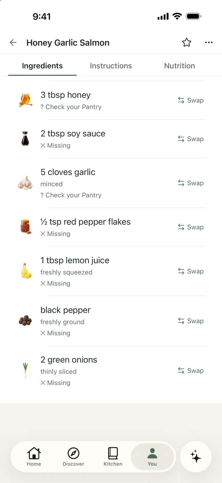 My Version ingredient list with personalized amounts such as 5 cloves garlic and ½ tsp red pepper flakes, each with a Swap option.