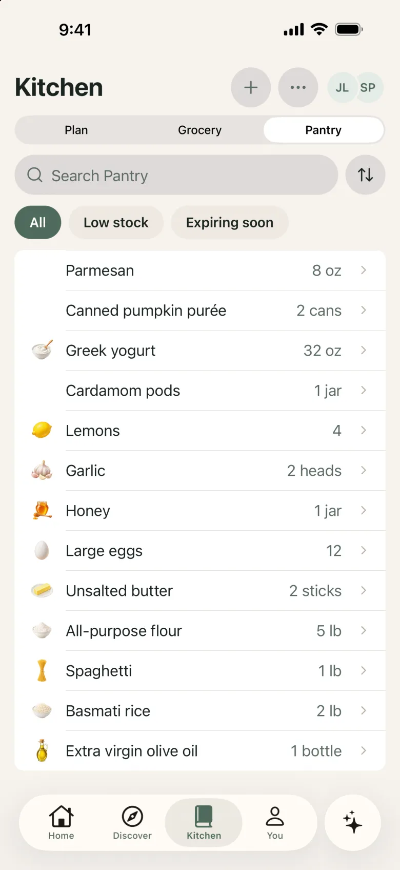 Kitchen Pantry tab listing ingredients on hand with quantities and Low stock and Expiring soon filters.