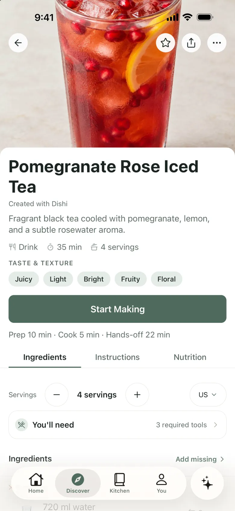 Recipe page for Pomegranate Rose Iced Tea with a large photo, taste notes, and a Start Making button.